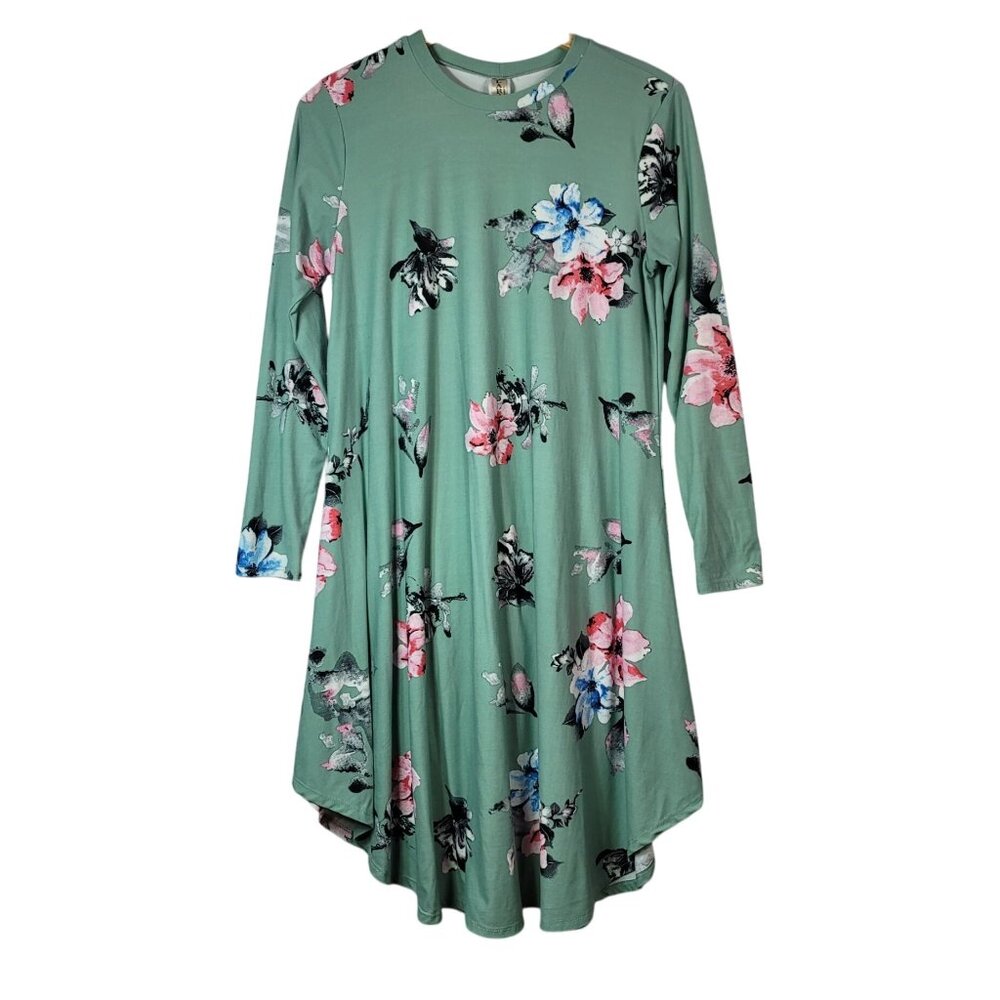 Lara Fashion Dress Green Medium Long Sleeve Floral Round Neck Above Knee Shift